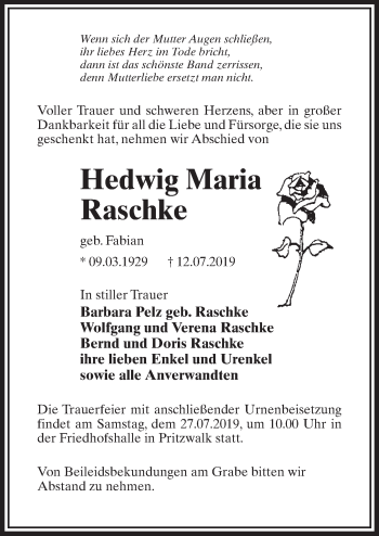Traueranzeige von Hedwig Maria Raschke von Märkischen Allgemeine Zeitung
