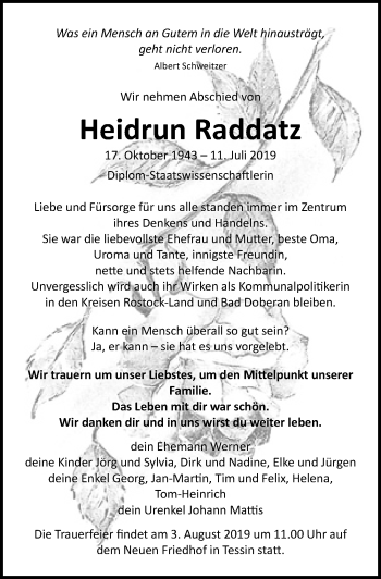 Traueranzeige von Heidrun Raddatz von Ostsee-Zeitung GmbH