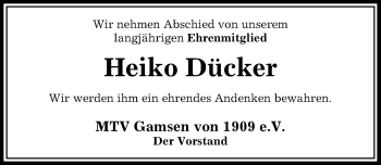 Traueranzeige von Heiko Dücker von Aller Zeitung