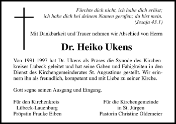 Traueranzeige von Heiko Ukens von Lübecker Nachrichten