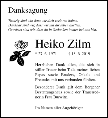 Traueranzeige von Heiko Zilm von Ostsee-Zeitung GmbH