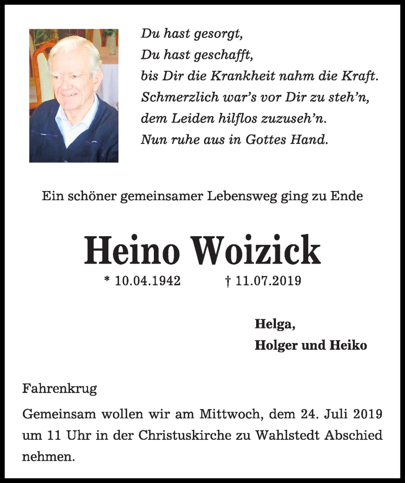  Traueranzeige für Heino Woizick vom 20.07.2019 aus Kieler Nachrichten