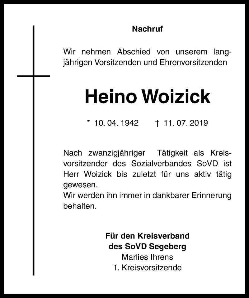  Traueranzeige für Heino Woizick vom 20.07.2019 aus Lübecker Nachrichten