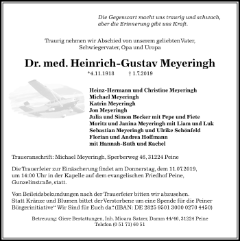 Traueranzeige von Heinrich-Gustav Meyeringh von Peiner Allgemeine Zeitung