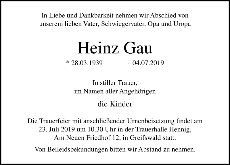  Traueranzeige für Heinz Gau vom 13.07.2019 aus Ostsee-Zeitung GmbH