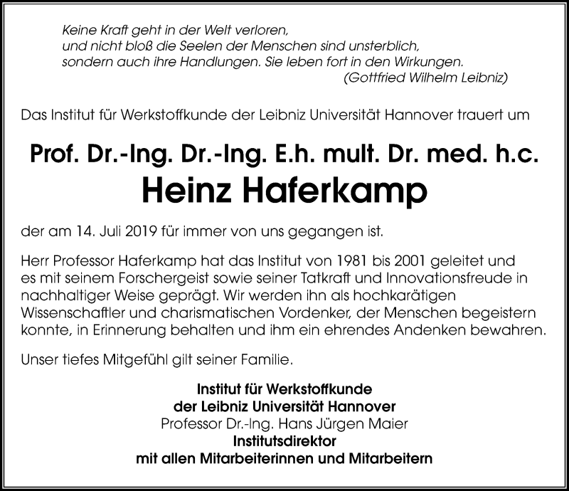  Traueranzeige für Heinz Haferkamp vom 20.07.2019 aus Hannoversche Allgemeine Zeitung/Neue Presse