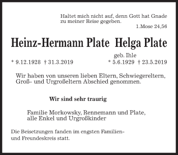 Traueranzeige von Heinz-Hermann und Helga Plate von Hannoversche Allgemeine Zeitung/Neue Presse