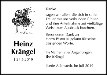 Traueranzeige von Heinz Krängel von Peiner Allgemeine Zeitung