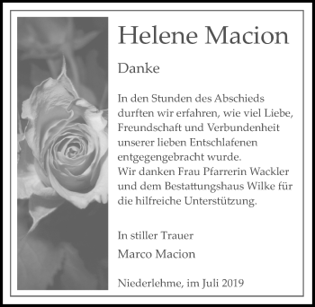 Traueranzeige von Helene Macion von Märkischen Allgemeine Zeitung