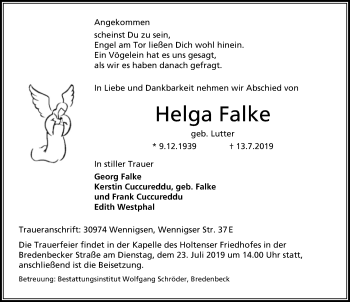 Traueranzeige von Helga Falke von Hannoversche Allgemeine Zeitung/Neue Presse