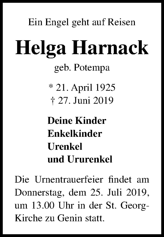  Traueranzeige für Helga Harnack vom 21.07.2019 aus Lübecker Nachrichten