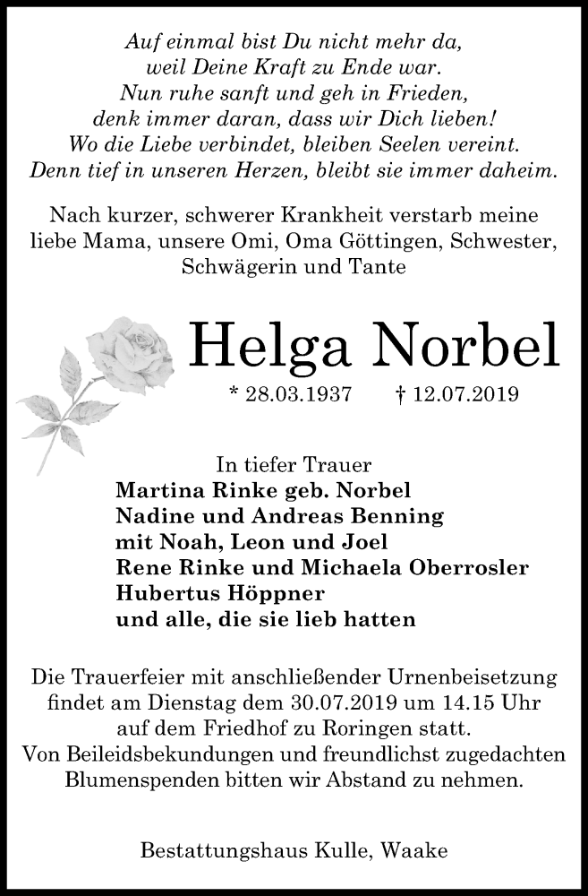  Traueranzeige für Helga Norbel vom 20.07.2019 aus Göttinger Tageblatt