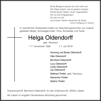 Traueranzeige von Helga Oldendorff von Lübecker Nachrichten