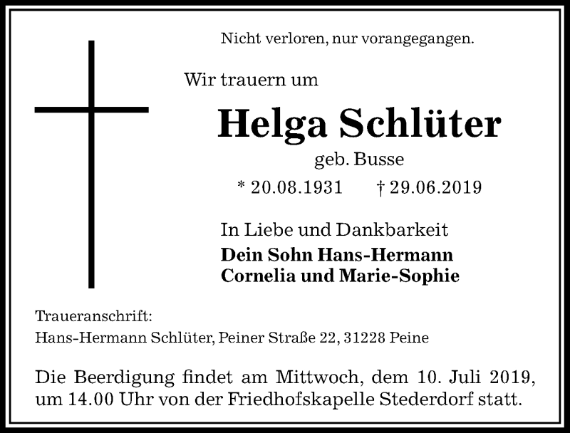  Traueranzeige für Helga Schlüter vom 06.07.2019 aus Peiner Allgemeine Zeitung