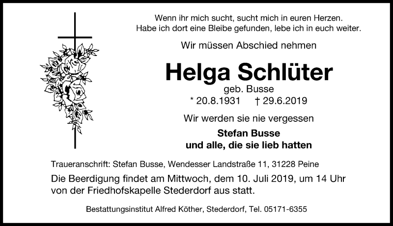  Traueranzeige für Helga Schlüter vom 03.07.2019 aus Peiner Allgemeine Zeitung