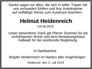 Traueranzeige von Helmut Heidenreich von Ostsee-Zeitung GmbH