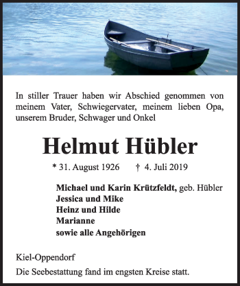 Traueranzeige von Helmut Hübler von Kieler Nachrichten