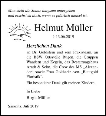 Traueranzeige von Helmut Müller von Ostsee-Zeitung GmbH