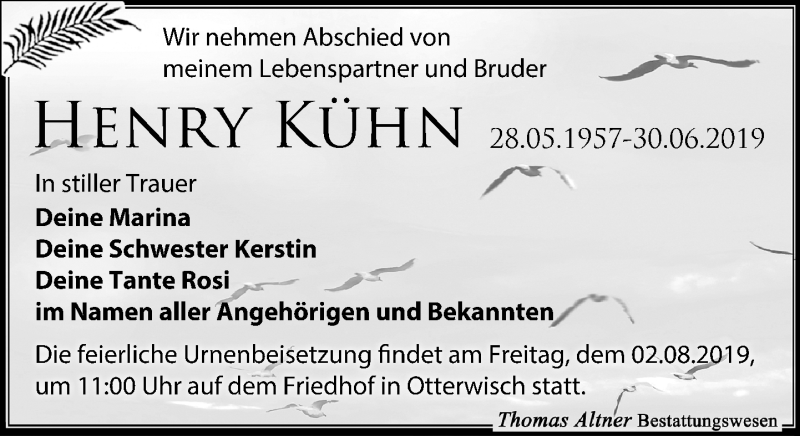  Traueranzeige für Henry Kühn vom 06.07.2019 aus Leipziger Volkszeitung