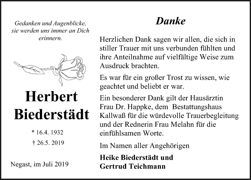  Traueranzeige für Herbert Biederstädt vom 06.07.2019 aus Ostsee-Zeitung GmbH