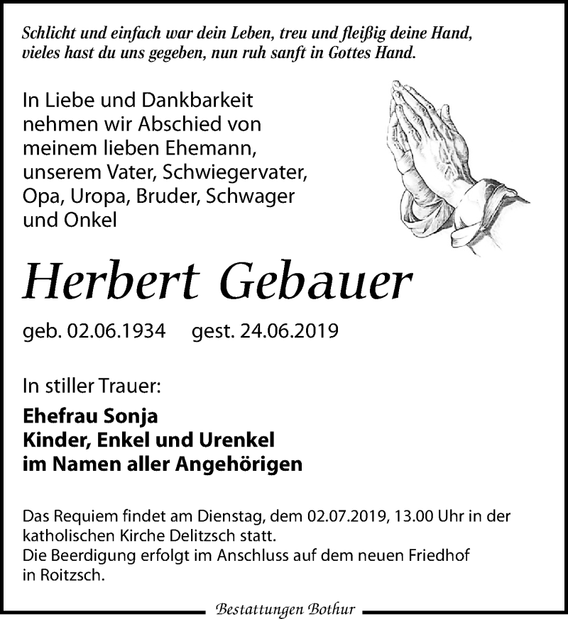  Traueranzeige für Herbert Gebauer vom 27.06.2019 aus Leipziger Volkszeitung