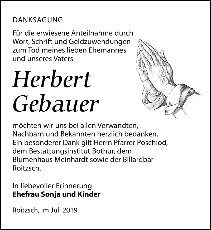  Traueranzeige für Herbert Gebauer vom 20.07.2019 aus Leipziger Volkszeitung