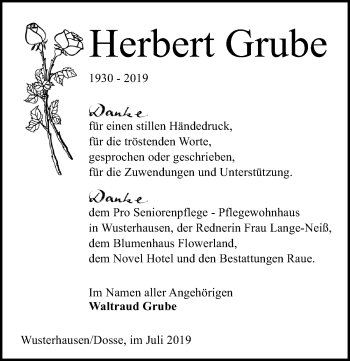 Traueranzeige von Herbert Grube von Märkischen Allgemeine Zeitung