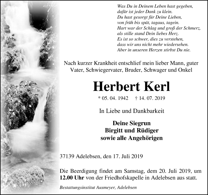  Traueranzeige für Herbert Kerl vom 17.07.2019 aus Göttinger Tageblatt