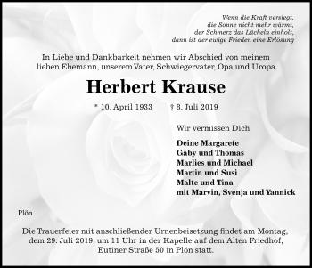 Traueranzeige von Herbert Krause von Kieler Nachrichten