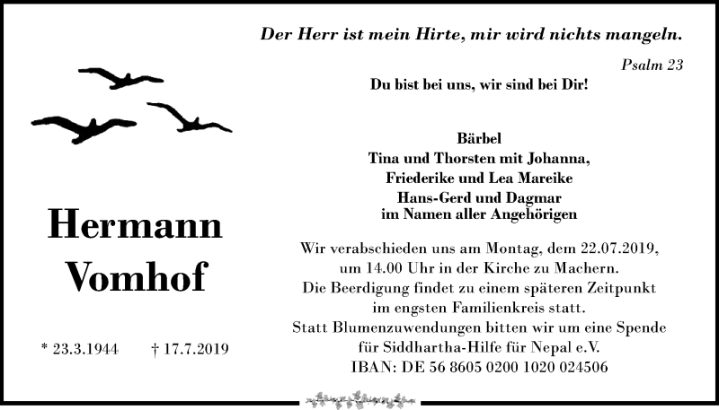  Traueranzeige für Hermann Vomhof vom 20.07.2019 aus Leipziger Volkszeitung