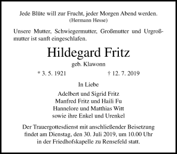 Traueranzeige von Hildegard Fritz von Lübecker Nachrichten