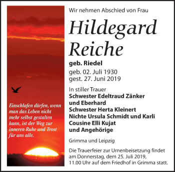Traueranzeige von Hildegard Reiche von Leipziger Volkszeitung