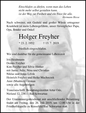 Traueranzeige von Holger Freyher von Lübecker Nachrichten