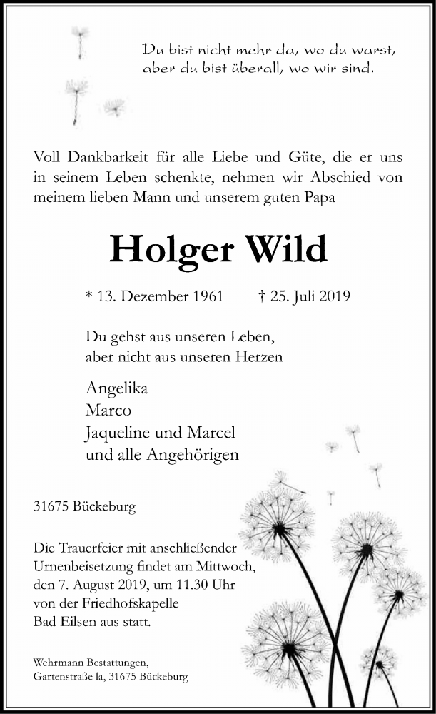  Traueranzeige für Holger Wild vom 31.07.2019 aus Schaumburger Nachrichten