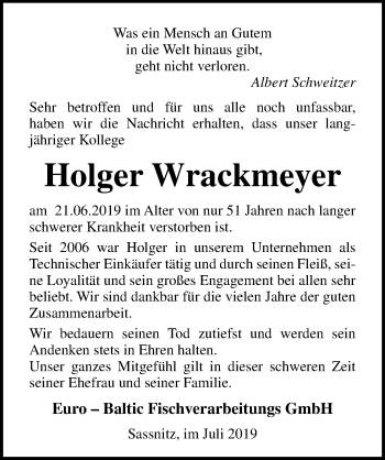 Traueranzeige von Holger Wrackmeyer von Ostsee-Zeitung GmbH