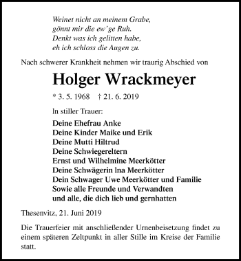 Traueranzeige von Holger Wrackmeyer von Ostsee-Zeitung GmbH