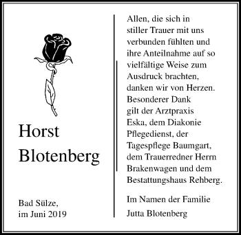 Traueranzeige von Horst Blotenberg von Ostsee-Zeitung GmbH