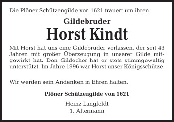 Traueranzeige von Horst Kindt von Kieler Nachrichten