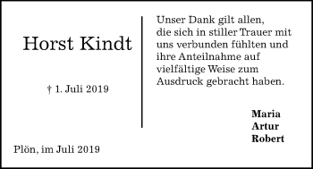 Traueranzeige von Horst Kindt von Kieler Nachrichten