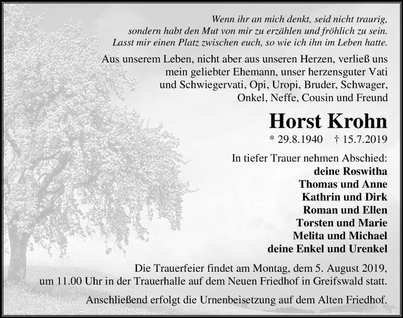  Traueranzeige für Horst Krohn vom 27.07.2019 aus Ostsee-Zeitung GmbH