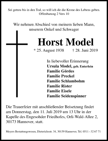 Traueranzeige von Horst Model von Hannoversche Allgemeine Zeitung/Neue Presse