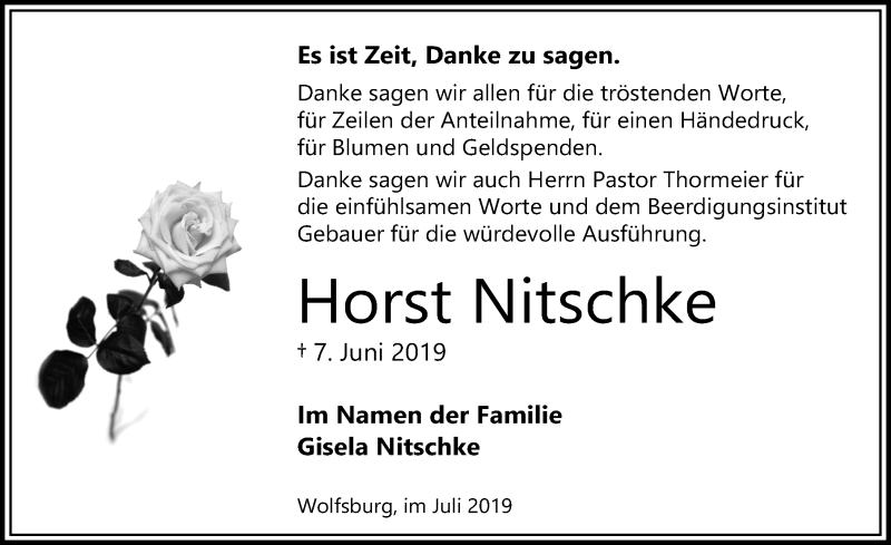  Traueranzeige für Horst Nitschke vom 06.07.2019 aus Aller Zeitung