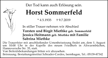 Traueranzeige von Horst Sommerfeld von Hannoversche Allgemeine Zeitung/Neue Presse