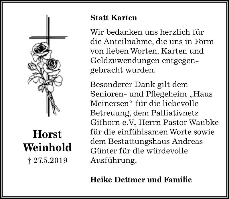  Traueranzeige für Horst Weinhold vom 13.07.2019 aus Aller Zeitung