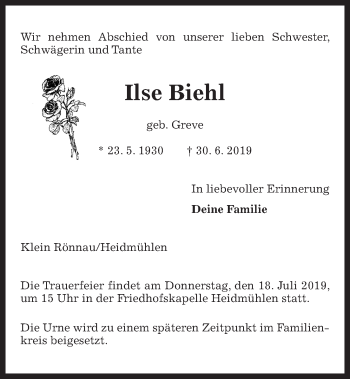Traueranzeige von Ilse Biehl von Kieler Nachrichten