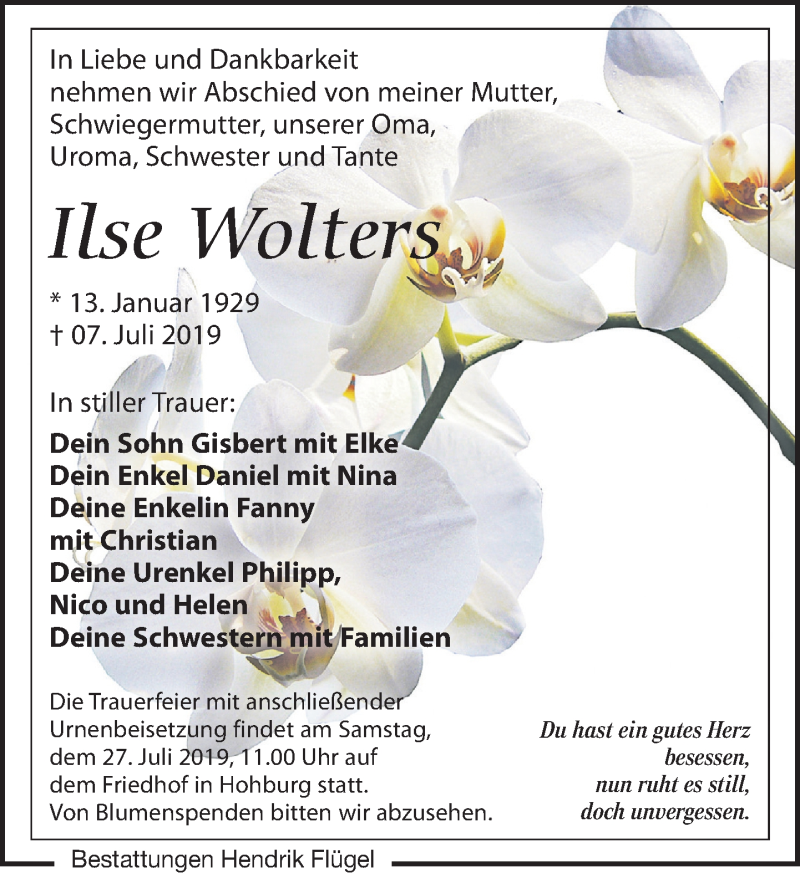  Traueranzeige für Ilse Wolters vom 13.07.2019 aus Leipziger Volkszeitung