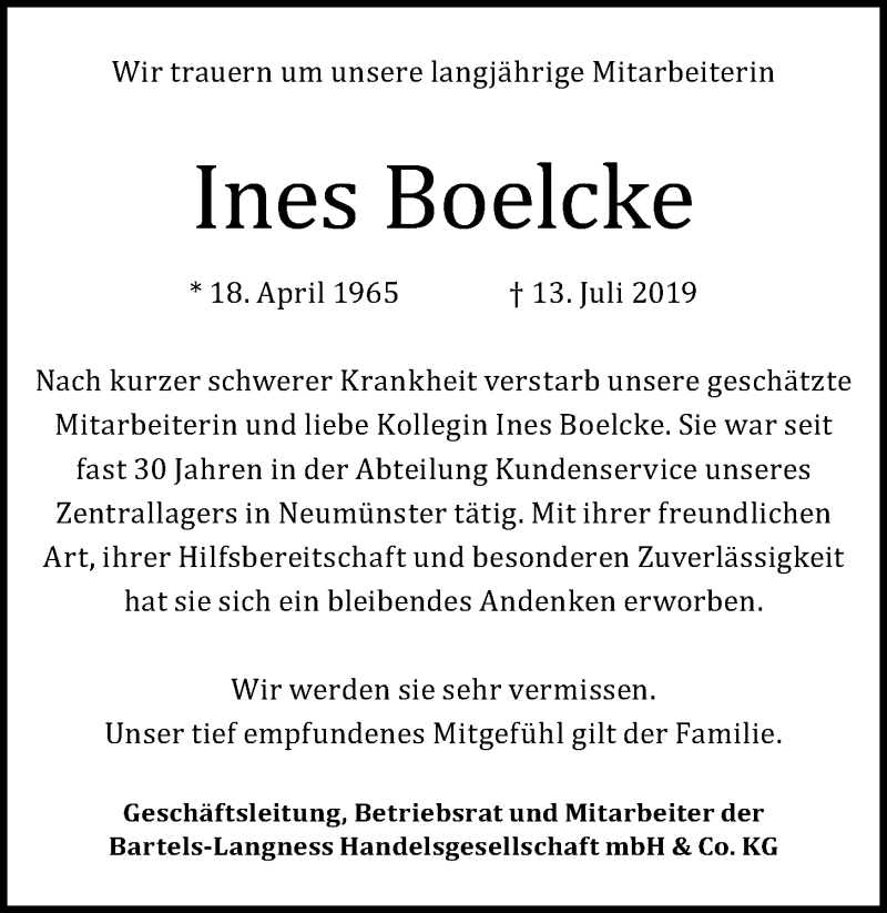  Traueranzeige für Ines Boelcke vom 20.07.2019 aus Kieler Nachrichten