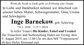 Traueranzeige von Inge Barnekow von Ostsee-Zeitung GmbH