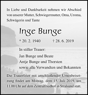 Traueranzeige von Inge Bunge von Ostsee-Zeitung GmbH