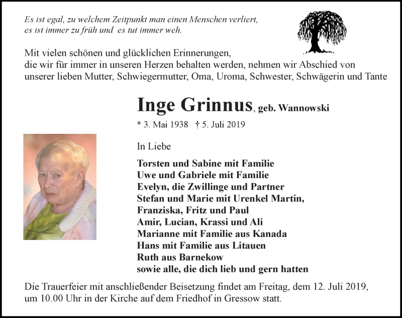  Traueranzeige für Inge Grinnus vom 10.07.2019 aus Ostsee-Zeitung GmbH
